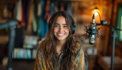 Cheerfully Smiling caucasian Woman recording podcast in professional studio setup. Engaging in live streaming session with microphone and headphones. Concept of podcasting and online broadcasting.