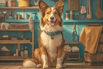A red and white border collie sits in the center of an uncluttered, well-organized dog spa room with shelves full of beauty products like shampoo, lotions, hair stubble powder, and cotton cloths. 