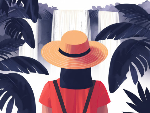 Female tourist in a hat, admiring a waterfall, surrounded by lush foliage.