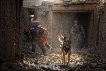 a search and rescue team, dog proficient in detecting life, wading through a maze of rubble - obrazy, fototapety, plakaty