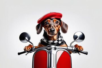 Dachshund dog in red beret, riding on a motorcycle. Vacation, traveling concept.