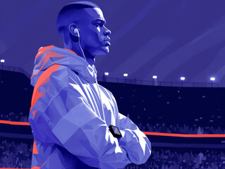 Obraz premium Illustration of a focused runner standing on a track with hands folded, sporting earphones.