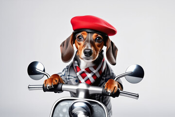 Dachshund dog in red beret, riding on a motorcycle. Vacation, traveling concept.