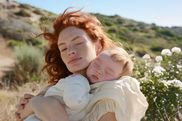 Fashion portrait redhead freckles mother holds hugs newborn baby at nature, Mother's Day concept.