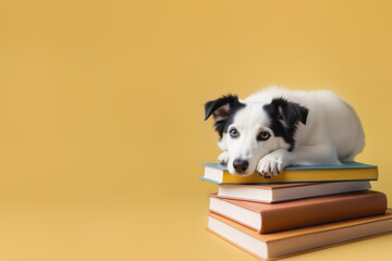 Banner, Smart dog laying head on a pile of books on an yellow background with space for text, education concept.