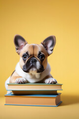 Banner, Smart dog laying head on a pile of books on an yellow background with space for text, education concept.