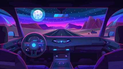 Möbelaufkleber In car with steering wheel, control dashboard and gps navigator. Cartoon modern of driving an automobile in the desert at night under full moon light. © Mark