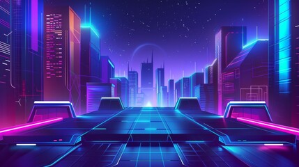 Detailed illustration of a night city street view from a rooftop balcony. Fireworks party on a rooftop terrace. Outside skyscraper exterior with celebrations for a birthday event. Futuristic neon