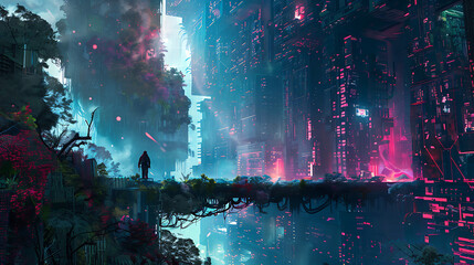 Verdant Neon Dreams
A juxtaposition of lush greenery and cyberpunk neon, this cityscape breathes life into the concrete jungle at dusk. - obrazy, fototapety, plakaty