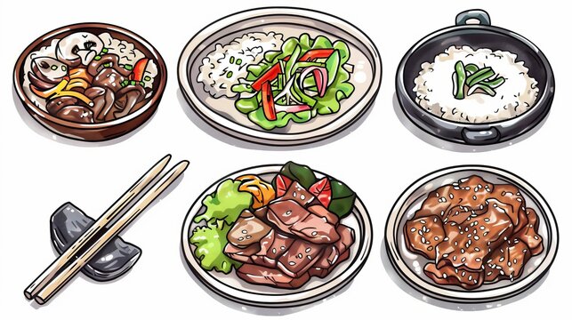 Cooking delicious bulgogi. Asian food icon. Cartoon illustration of Asian rice meal. Illustration of Korea noodle, pork, and meat dish isolated on white background. Picture of Asian restaurant. Asian