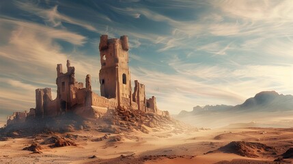 CASTLE RUINS IN THE DESERT WALLPAPER BACKGROUND - obrazy, fototapety, plakaty
