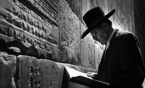 devout Jewish man reads prayers from book at Western Wall, displaying devotion in spiritual moment. Engaging in religious rituals: man deep in prayer demonstrating faith and piety in sacred setting.
