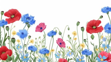 Background with red poppies, chamomiles and cornflowers in a modern style