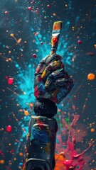 A painting of a colorful robot arm holding a paintbrush in front of a canvas.