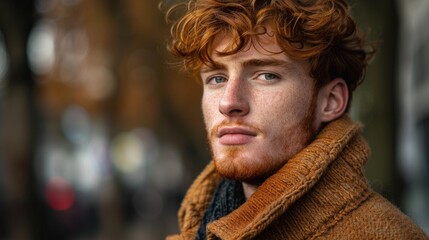 Fototapeta premium Colorful portrait of young handsome man with red beard in looking at camera. Street portrait