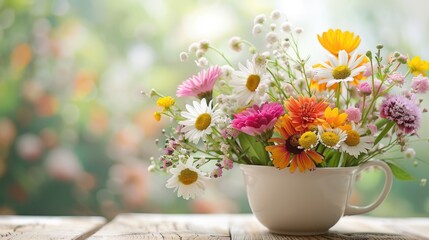 Spring Floral Arrangement in a White Cup with Daisy and Other Summer Flowers