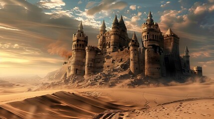 Naklejka premium CASTLE RUINS IN THE DESERT WALLPAPER BACKGROUND