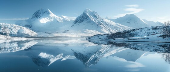 A beautiful winter landscape with snow-capped mountains and a frozen lake. - obrazy, fototapety, plakaty