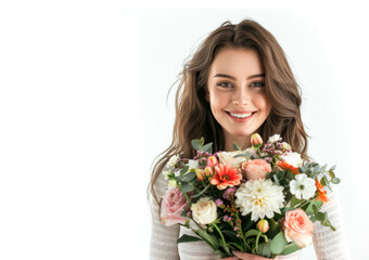 Beautiful woman with a bouquet of flowers isolated on the white background.