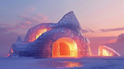 Majestic polar ice palaces in geothermal areas, illuminated internally, showcasing a mesmerizing contrast between fire and ice. - obrazy, fototapety, plakaty