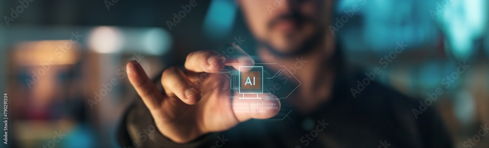Poster This photograph embodies the idea of interaction between humans and AI in the development of new technologies and innovations, which leads to the creation new opportunities for humanity. Wide banner