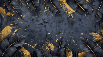 Arrangement of tropical black gold leaves at the top of a dark background. Modern illustration with tropic jungle leaves, an exotic banana palm tree, and golden paint smears.
