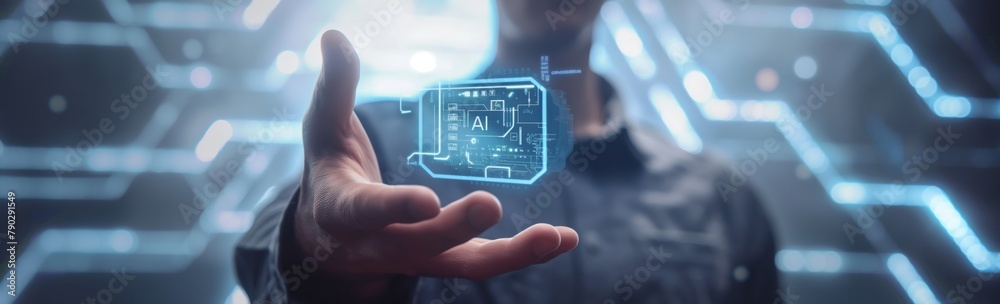 Poster the hand holding the interactive ai processor reflects the integration of technology into our daily 