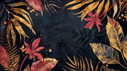 Gold leaf with palm leaves and ixora flower on dark background modern, wedding invitation card, holiday sale.