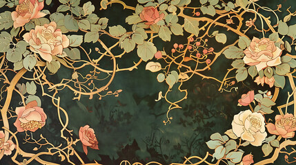 Magnolia Reverie
A vintage tableau of magnolias and vines intertwining in an old-world dance, set against a moody, emerald-hued canvas.