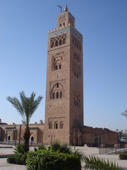 Fototapeta premium Image of the Kutubiyya Mosque in Marrakesh in early afternoon light set against a deep blue sky.