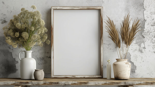 Frame mockup, poster mockup frame, poster mockup standing on table and shelf, interior mockup close angle, Modern soft minimalism and boho interior design. 3D rendering style