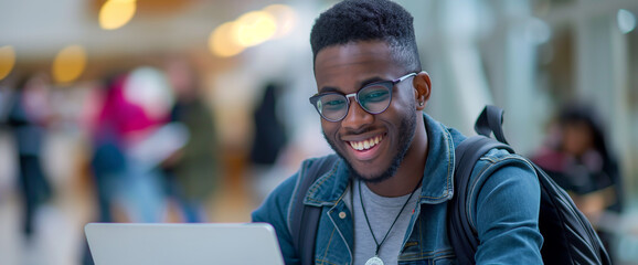 Young man using laptop and smiling