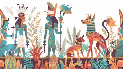 Modern illustration of ancient Egyptian wall art or mural element, depicting characters related to Egyptian culture, including ancient gods with human figures and animals, isolated against a white