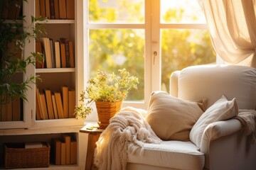 Empty room with sofa at morning time reading book