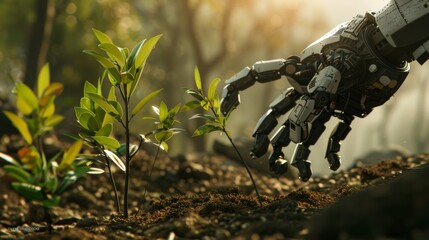 Robotic arm gently planting young trees in soil, symbolizing tech-assisted environmental restoration - obrazy, fototapety, plakaty