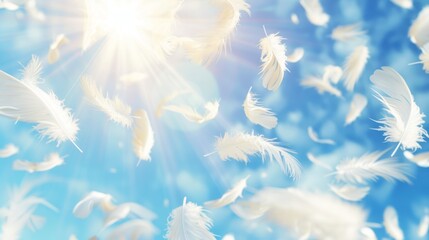 The fluffy soft feathers float in the air, floating against a blue sky background. An illustration of lightness and innocence with all-white feathers flying in the air. - obrazy, fototapety, plakaty