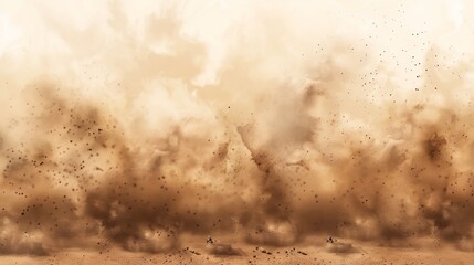 A sandstorm on the desert, brown dusty clouds or dry sand flying with gusts of wind, and brown smoke with small particles on transparent background. - obrazy, fototapety, plakaty