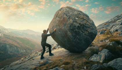 A man is pushing a large rock up a mountain