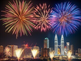 A city skyline is lit up with fireworks, creating a festive and celebratory atmosphere. The fireworks are set off in the distance, with some of them landing on the buildings - obrazy, fototapety, plakaty