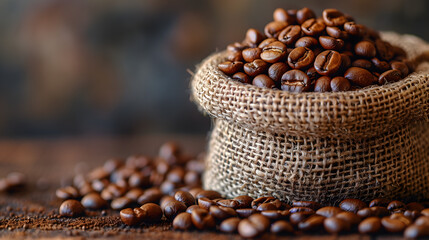 Brown coffee beans on burlap background with a closeup view