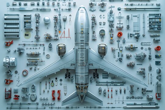 Disassembled airplane parts with full plane in the center of image. Layout image related to flights, technology, repair, support, diagnostic, travel.
