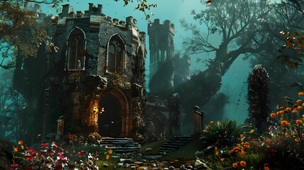 CASTLE RUINS IN THE FOREST WALLPAPER BACKGROUND - obrazy, fototapety, plakaty