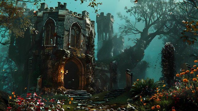 CASTLE RUINS IN THE FOREST WALLPAPER BACKGROUND