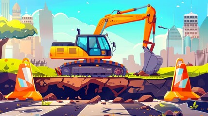 A road worker is working on a city street, digging a hole with an excavator. Modern illustration of repairing a cracked road or underground communications with a barrier and steamroller. - obrazy, fototapety, plakaty