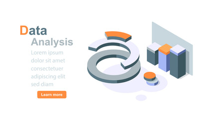 Data analysis 3d isometric concept,Big data visualization statistic software analytic development internet banner landing page 