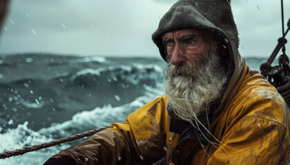 A man with a beard and a yellow jacket is rowing a boat in the ocean - Powered by Adobe