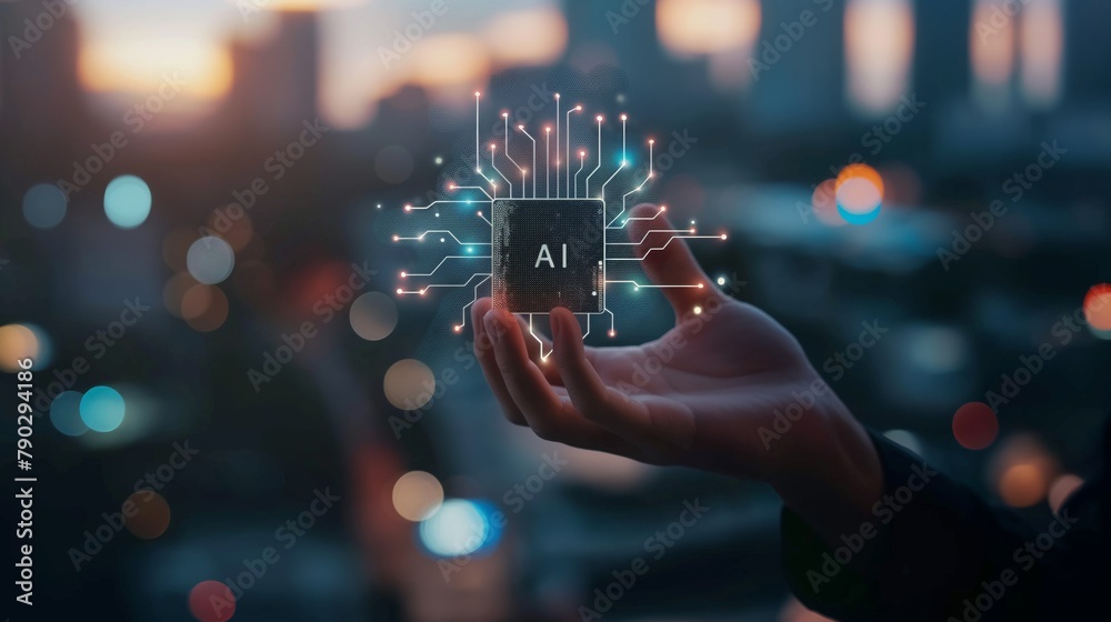 Aufkleber A new powerful AI processor. This picture conveys the idea of interaction between humans and artificial intelligence in the field of culture and art, where algorithms are used to create new works.