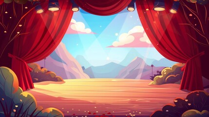Stage stage with red curtains and spotlights. Modern cartoon illustration of a theatre interior with wooden scene, velvet drapes, clouds, and bushes.