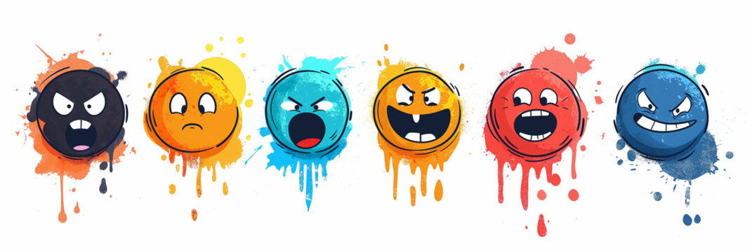 Round abstract comic Faces with various Emotions. Crayon drawing style. Different colorful characters. Cartoon style. Flat design. Hand drawn trendy Vector illustration