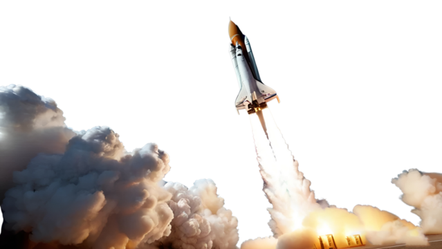 Rocket Launch with smoke from Mobile Platform isolated on white background